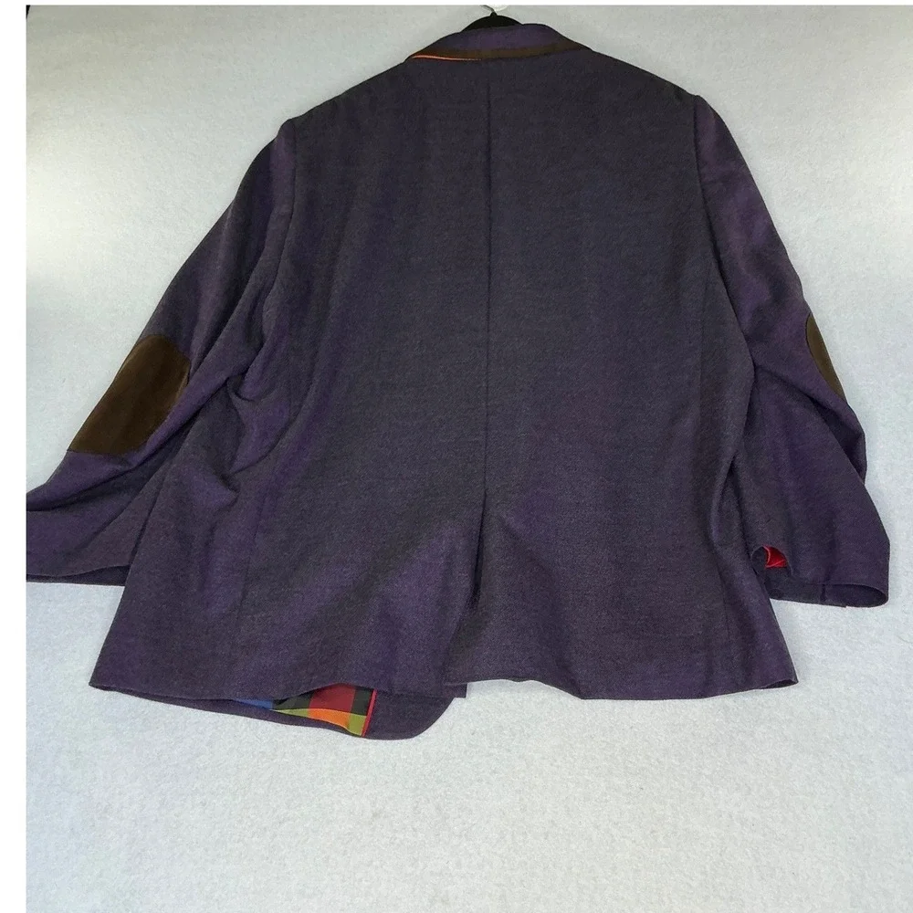 Tallia Blazer Mens 50R Purple Elbow Patches Rainbow Plaid Lining Sport Coat